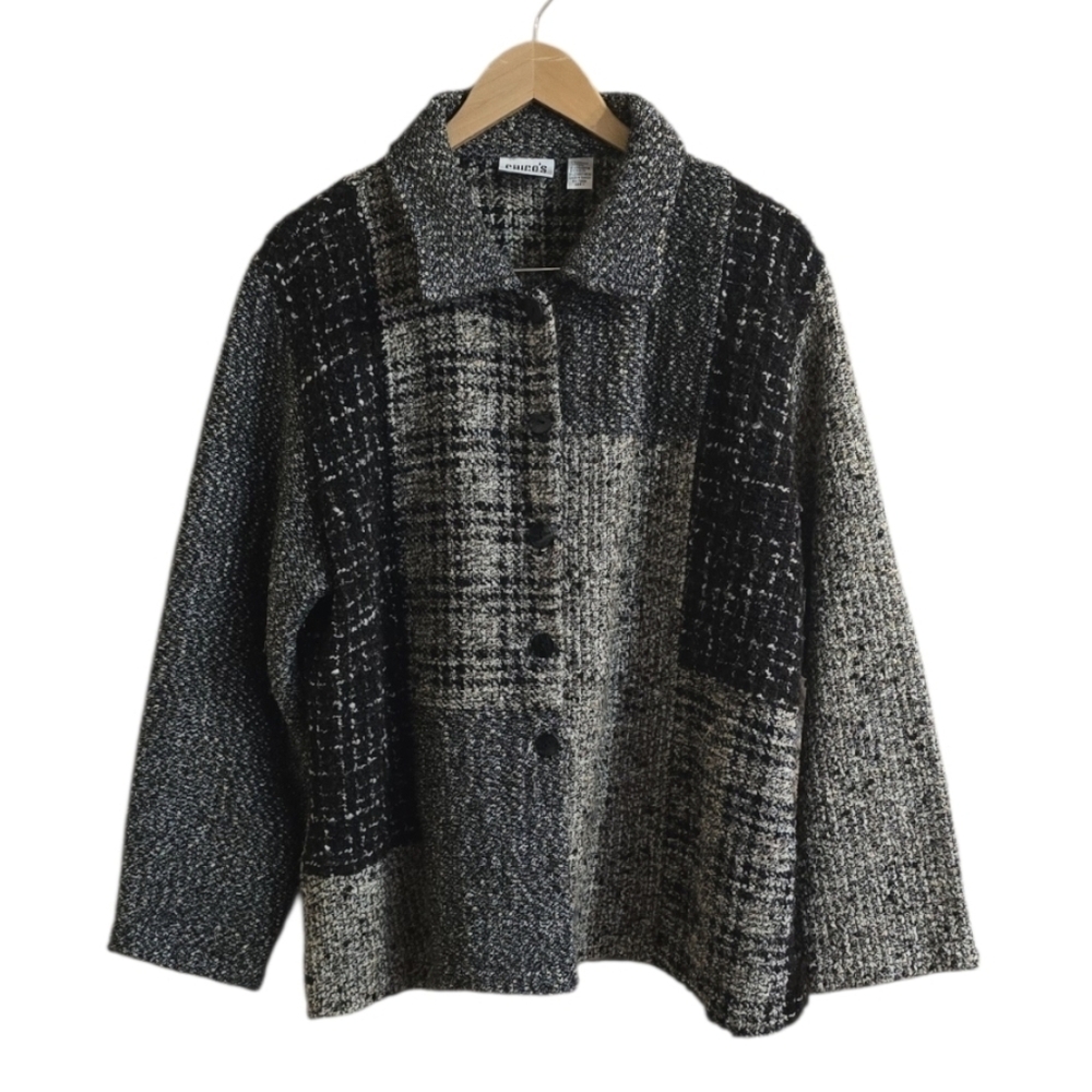 Chico's Design Plaid Patchwork Wool Blend Black And Cream Jacket. Size 3/XL